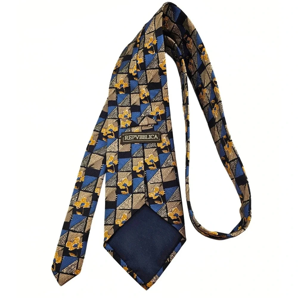 Repvbblica Men's Geometric Floral Necktie - Blue, Brown, Yellow -‎ Professional